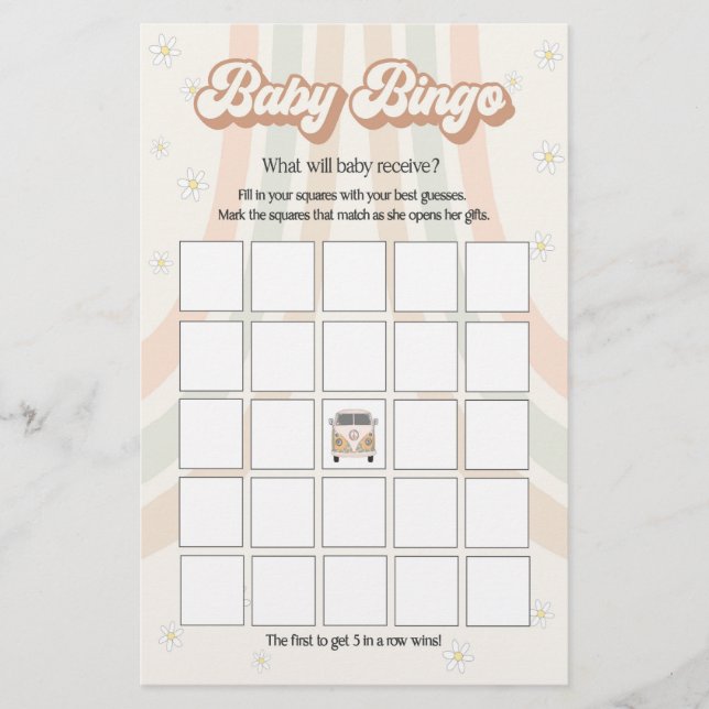 groovy 70s retro baby shower game, baby bingo (Front)