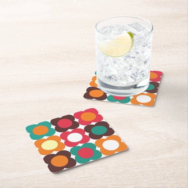 Groovy 70s Retro Flower Pattern | Bold Boho Floral Square Paper Coaster (Insitu)