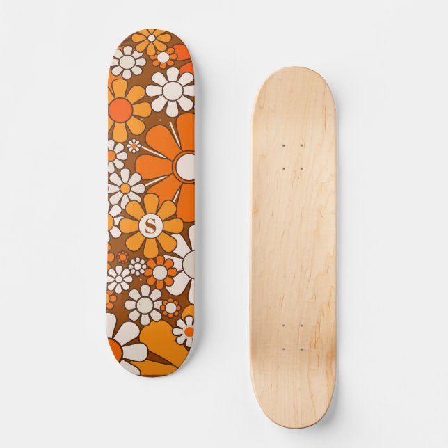 Groovy 70s Retro Flowers Brown & Orange w/ Initial Skateboard (Front)