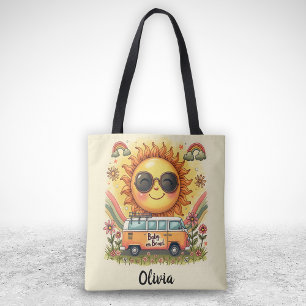 Groovy 70s Retro Smiling Sun, Peace & Love Vibes Tote Bag