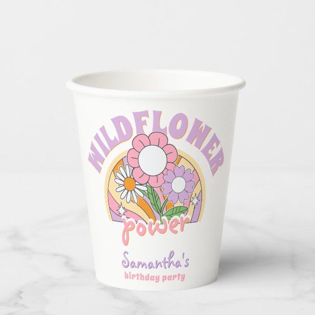 Groovy 70s Retro Wildflower Flower Power Birthday Paper Cups (Front)