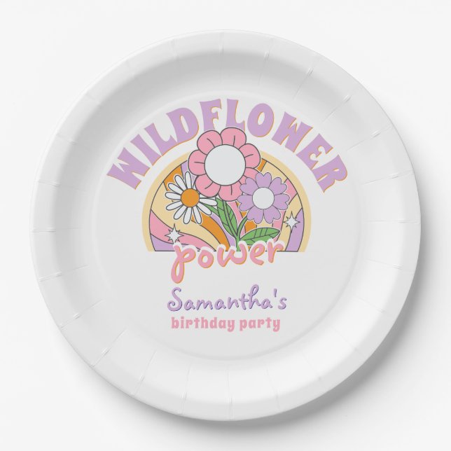 Groovy 70s Retro Wildflower Flower Power Birthday Paper Plate (Front)