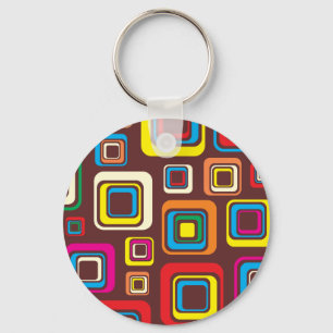 Groovy 70s Tile Pattern Squares On Brown Key Ring
