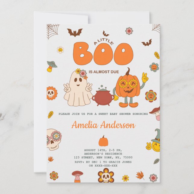 Groovy A Little Boo Is Due Halloween Baby Shower Invitation (Front)
