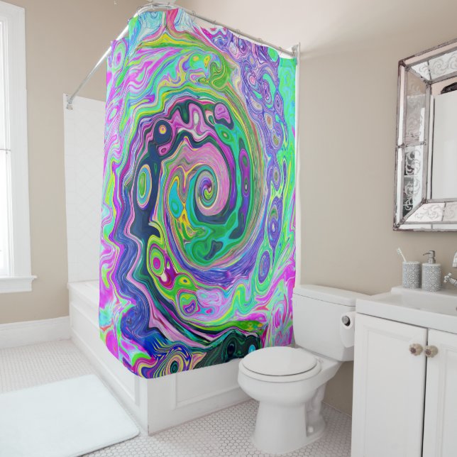Groovy Abstract Aqua and Navy Lava Swirl Shower Curtain (In Situ)