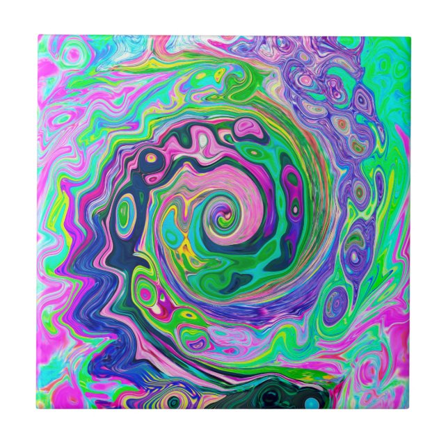 Groovy Abstract Aqua and Navy Lava Swirl Tile (Front)