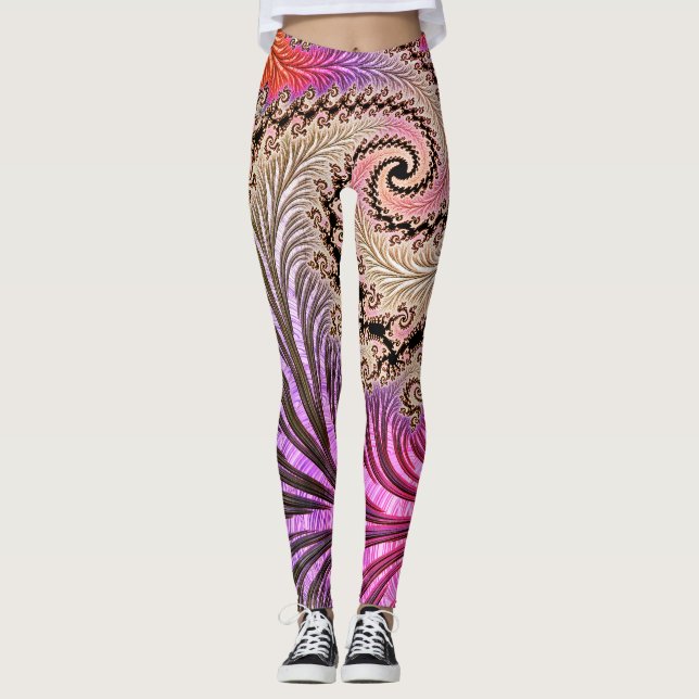 Groovy Abstract Digital Funky Boho Spiral Fractal Leggings (Front)