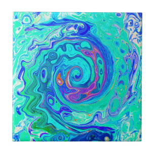 Groovy Abstract Ocean Blue and Green Liquid Swirl Tile