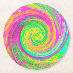 Groovy Abstract Purple and Yellow Liquid Swirl Round Paper Coaster