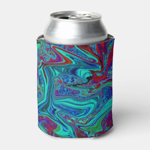Groovy Abstract Retro Art in Blue and Red Can Cooler