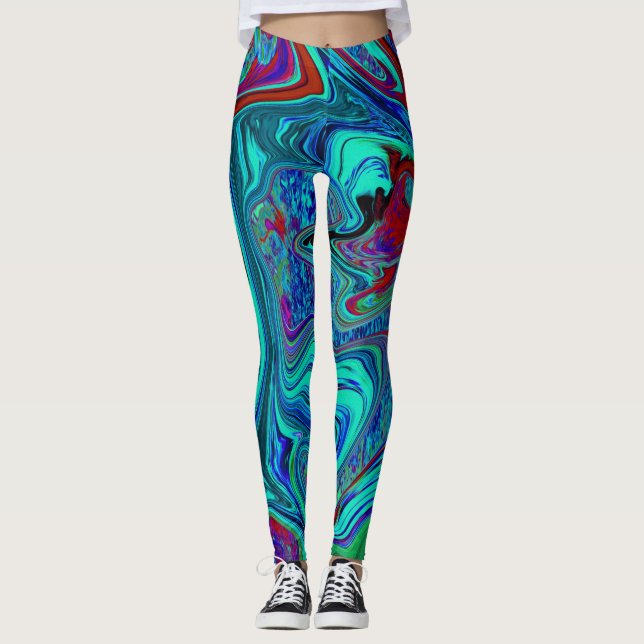 Groovy Abstract Retro Art in Blue and Red Leggings (Front)