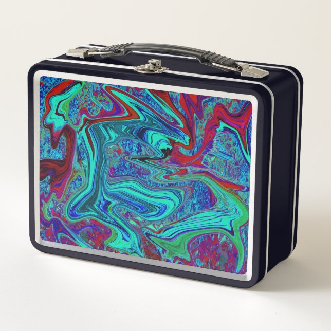 Groovy Abstract Retro Art in Blue and Red Metal Lunch Box (Front)