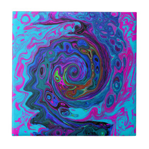 Groovy Abstract Retro Blue and Purple Swirl Tile
