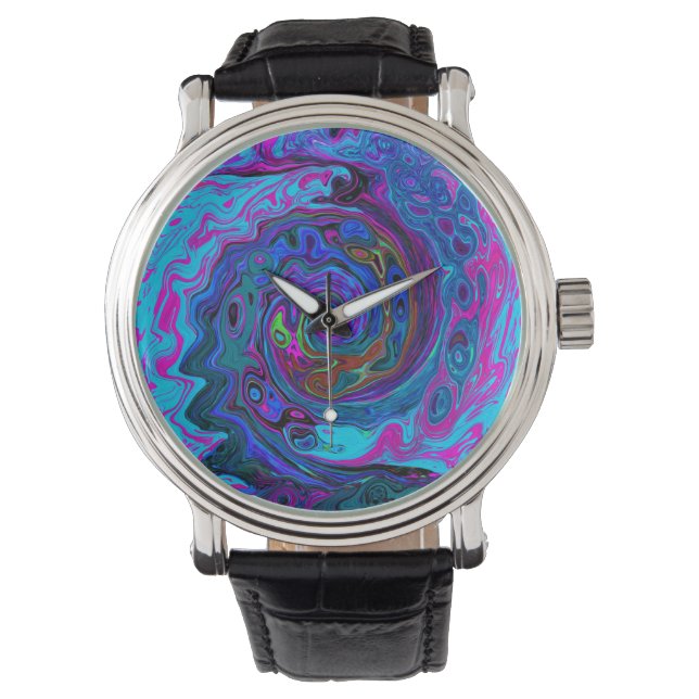 Groovy Abstract Retro Blue and Purple Swirl Watch (Front)