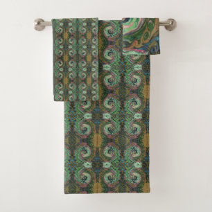 Groovy Abstract Retro Brown and Green Swirl Bath Towel Set