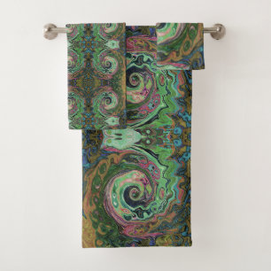 Groovy Abstract Retro Brown and Green Swirl Bath Towel Set