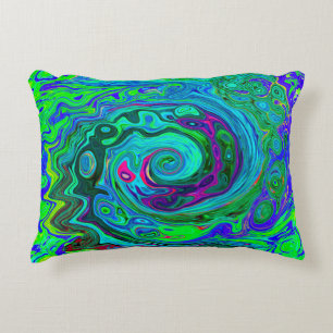 Groovy Abstract Retro Green and Blue Swirl Decorative Cushion