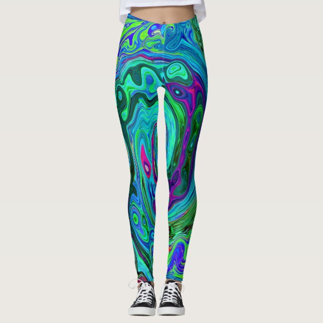 Groovy Abstract Retro Green and Blue Swirl Leggings (Front)
