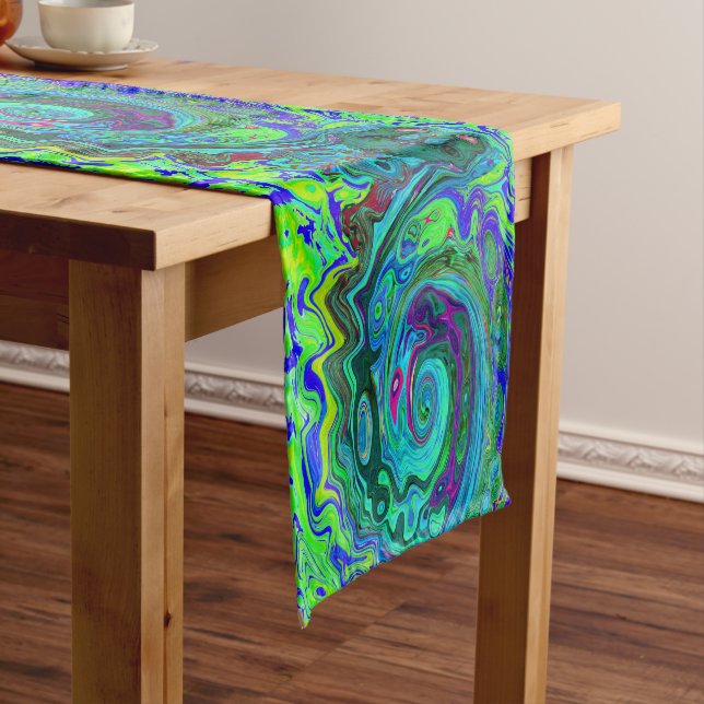 Groovy Abstract Retro Green and Blue Swirl Short Table Runner (In Situ)
