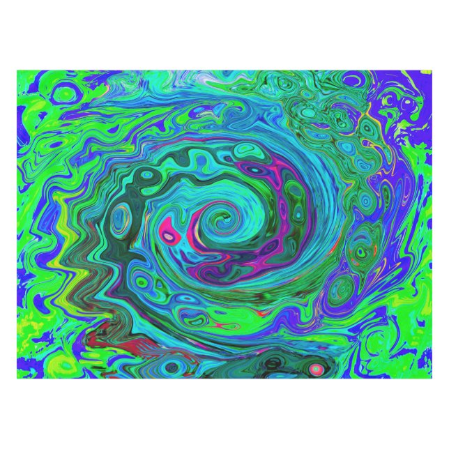 Groovy Abstract Retro Green and Blue Swirl Tablecloth (Front (Horizontal))