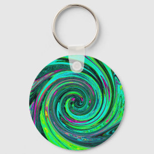 Groovy Abstract Retro Green and Magenta Swirl Key Ring