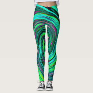 Groovy Abstract Retro Green and Magenta Swirl Leggings