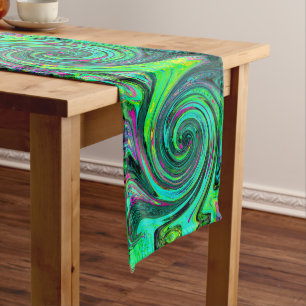 Groovy Abstract Retro Green and Magenta Swirl Long Table Runner