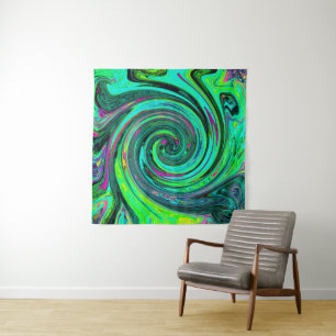 Groovy Abstract Retro Green and Magenta Swirl Tapestry