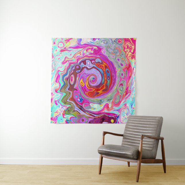 Groovy Abstract Retro Hot Pink and Blue Swirl Tapestry (In Situ)