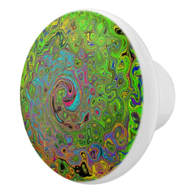 Groovy Abstract Retro Lime Green and Blue Swirl Ceramic Knob (Right)