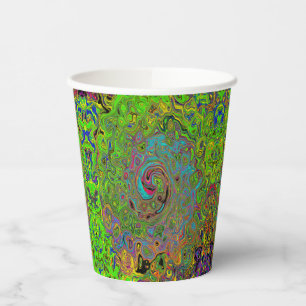 Groovy Abstract Retro Lime Green and Blue Swirl Paper Cups