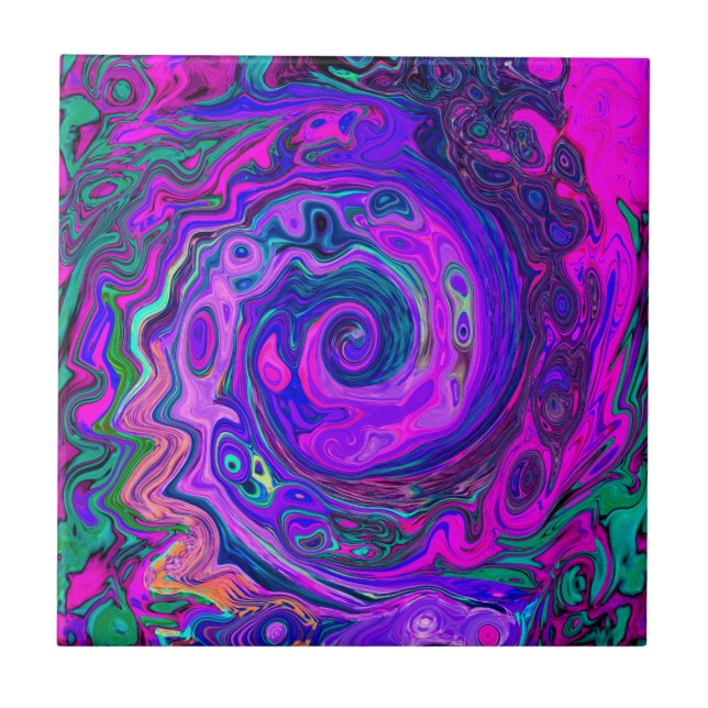 Groovy Abstract Retro Magenta and Purple Swirl Tile (Front)