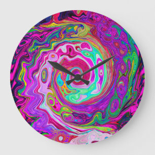 Groovy Abstract Retro Magenta Rainbow Swirl Large Clock