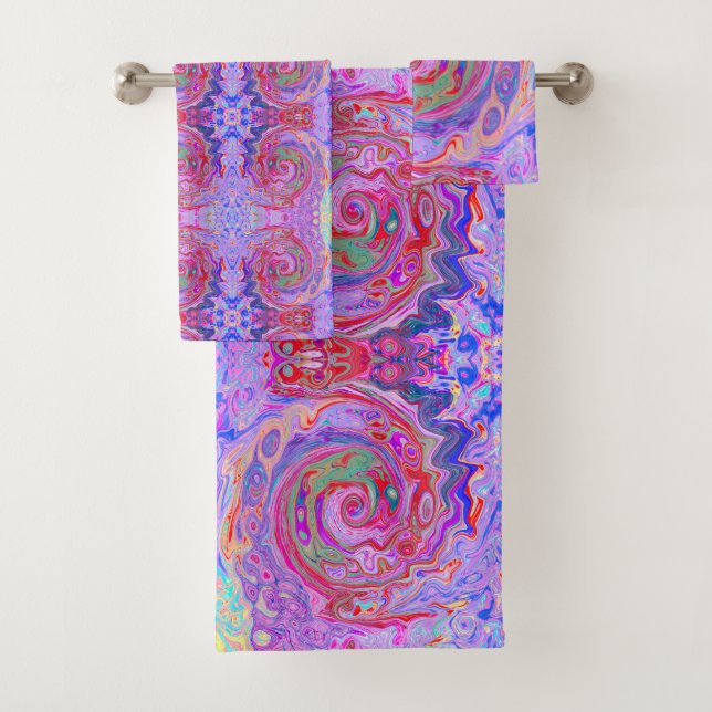 Groovy Abstract Retro Red, Purple and Pink Swirl Bath Towel Set (Insitu)