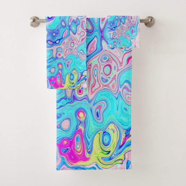 Groovy Abstract Retro Robin's Egg Blue Swirl Bath Towel Set (Insitu)