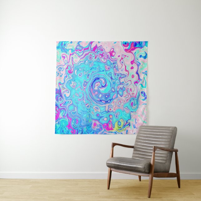 Groovy Abstract Retro Robin's Egg Blue Swirl Tapestry (In Situ)