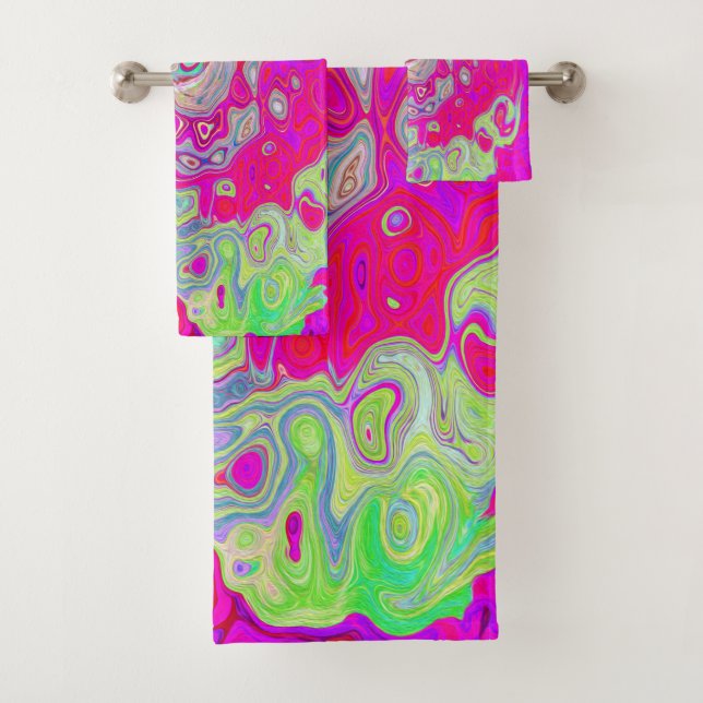Groovy Abstract Teal Blue and Red Swirl Bath Towel Set (Insitu)
