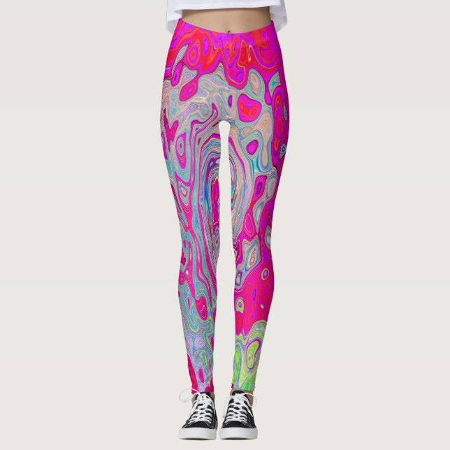 Groovy Abstract Teal Blue and Red Swirl Leggings (Front)