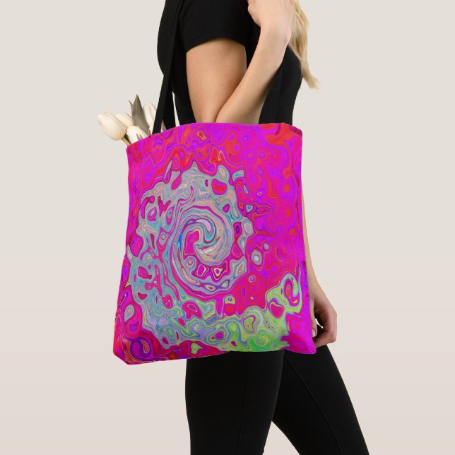 Groovy Abstract Teal Blue and Red Swirl Tote Bag (Close Up)
