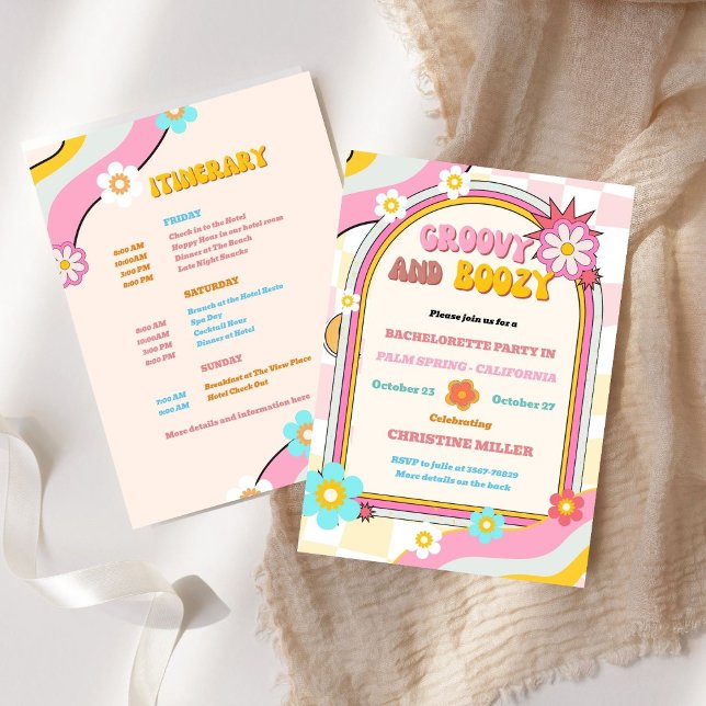 Groovy and Boozy Bachelorette Weekend Itinerary  Invitation (Creator Uploaded)