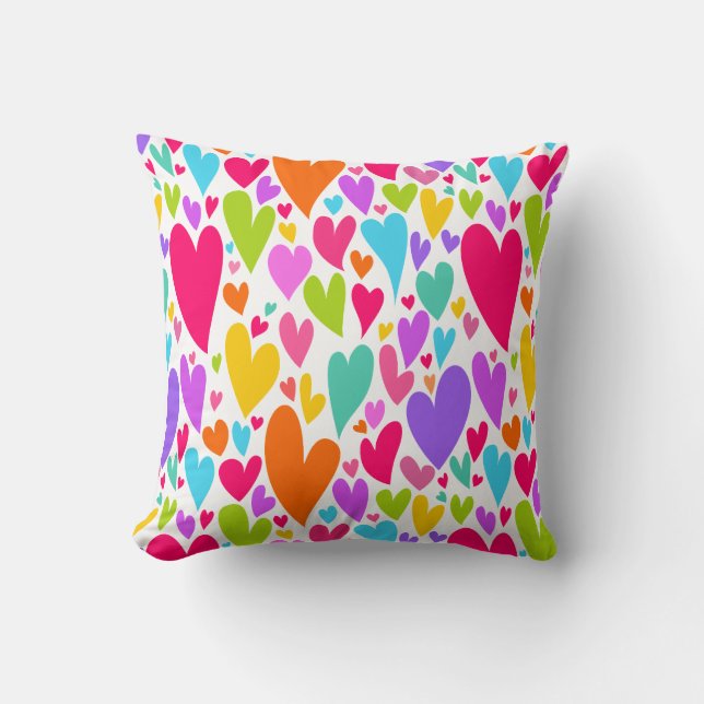 Groovy and Romantic Colourful Hearts Valentine Cushion (Front)