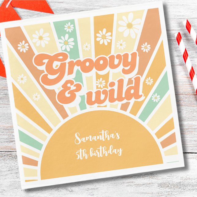 Groovy and wild retro sun kids birthday napkin (Creator Uploaded)