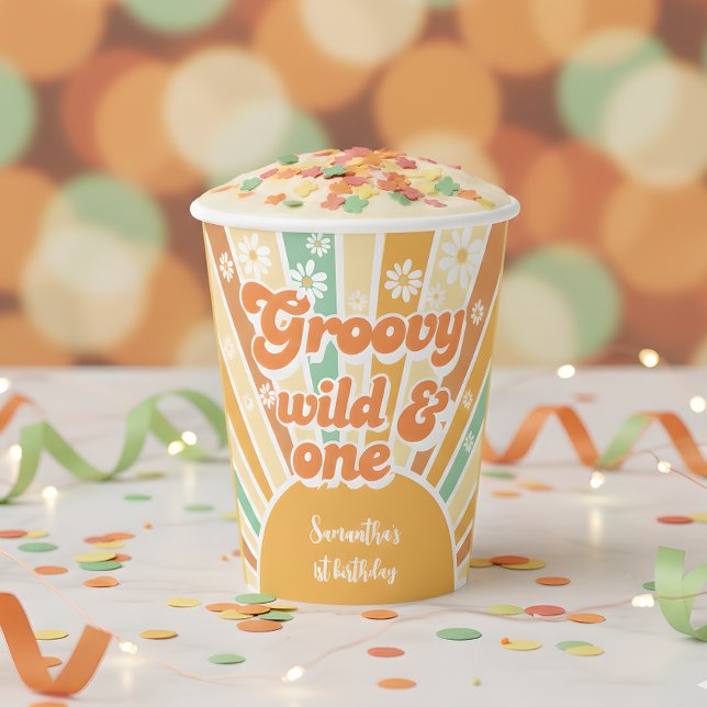 Groovy and wild retro sun kids birthday paper cups (Creator Uploaded)