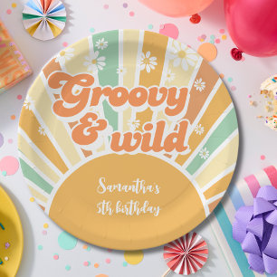 Groovy and wild retro sun kids birthday paper plate