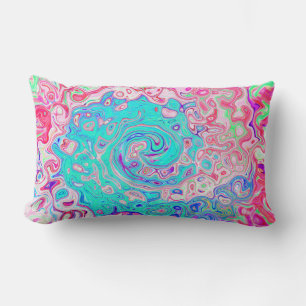 Groovy Aqua Blue and Pink Abstract Retro Swirl Lumbar Cushion