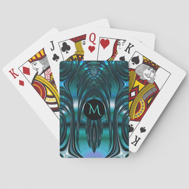 Groovy Art Deco Teal Fringed Fractal with Monogram Playing Cards (Back)