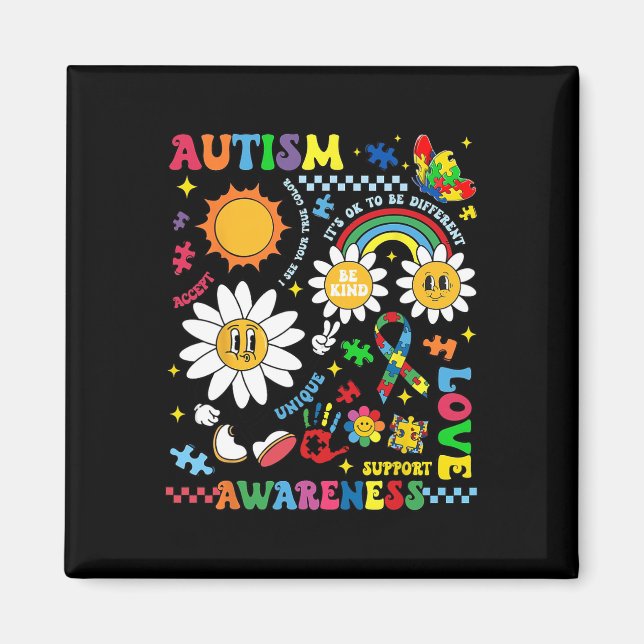 Groovy Autism Awareness Unique Love Support Puzzle Magnet (Front)