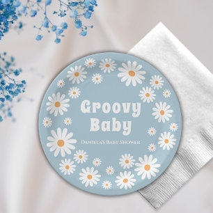 Groovy Baby Boy Daisy 70s Retro Baby Shower Paper Plate