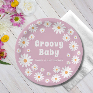 Groovy Baby Girl Pink Daisy 70s Retro Baby Shower Paper Plate