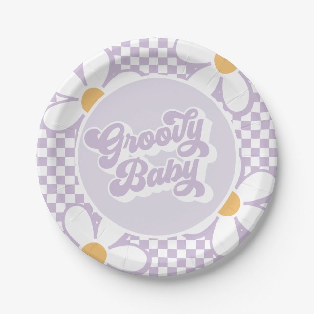 Groovy Baby Purple Daisy Chequered Paper Plate (Front)